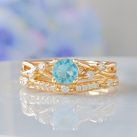 Gold and Aquamarine  Blue and Teal Gemstone Ring Set, 925 Sterling Silver - Picture 3 of 5